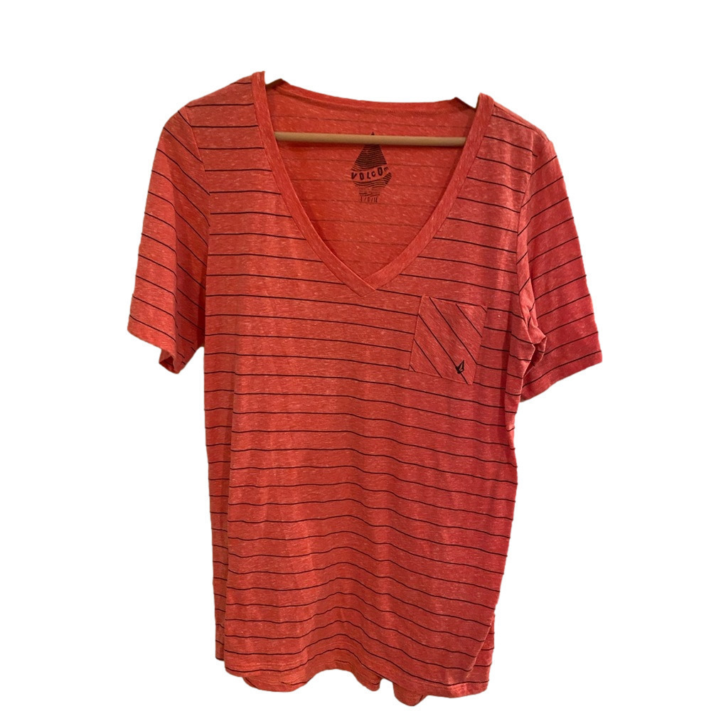 Volcom Womens orange V-neck tee 🍊 large Striped Vintage Y2K Never worn.